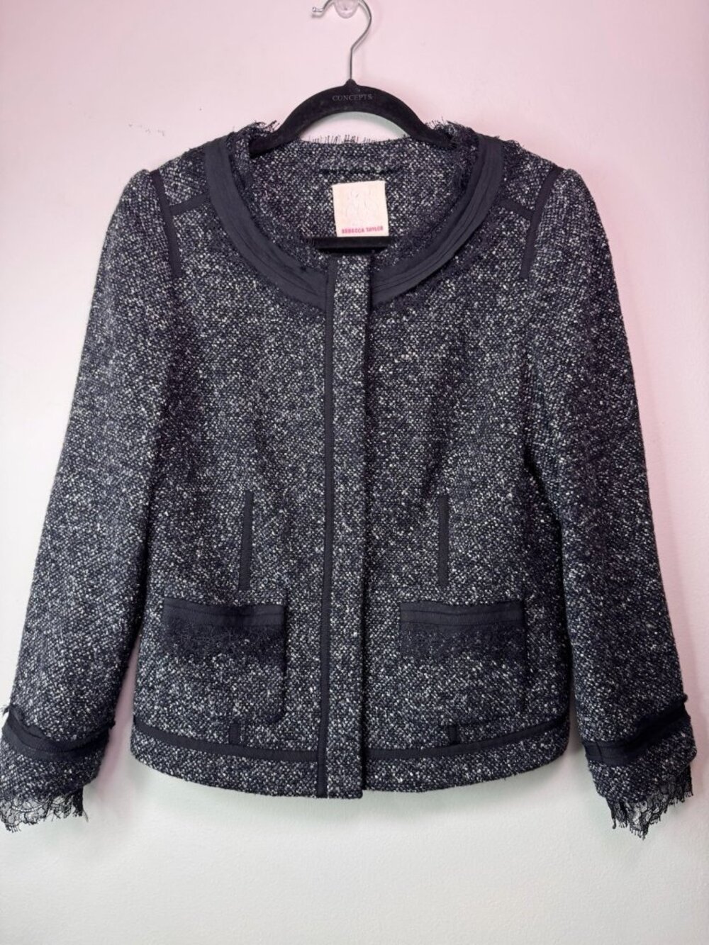 Rebecca Taylor Lace Trim Wool Blend Tweed Boucle Blazer Jacket Size 6